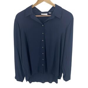 New York & Company Womens Chiffon Long Sleeve Button Down Blouse Navy Blue Large